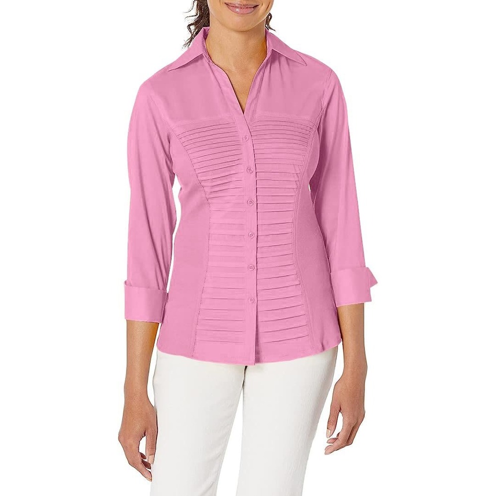 cj banks Women Pink Pleated Front Button Down Shirt 3/4 Sleeve Plus Size 2X